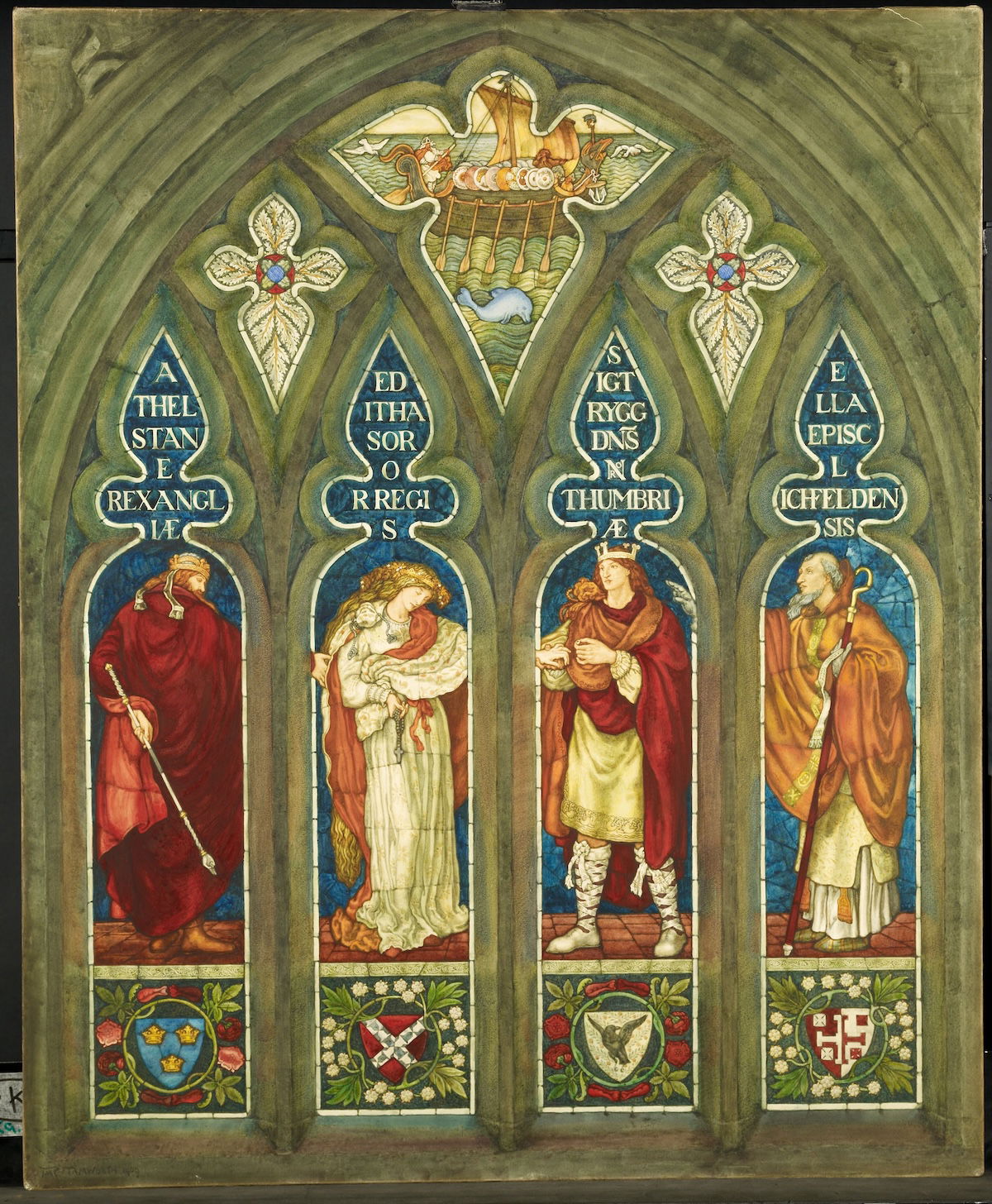 Æthelstan gives away his sister, St Editha to Sigtrid, king of Northumbria, watercolour byThomas Mattews Rooke after a stained glass window by Ford Madox Brown, 1909. Birmingham Museums Trust/Birmingham Museum & Art Gallery. Public Domain.