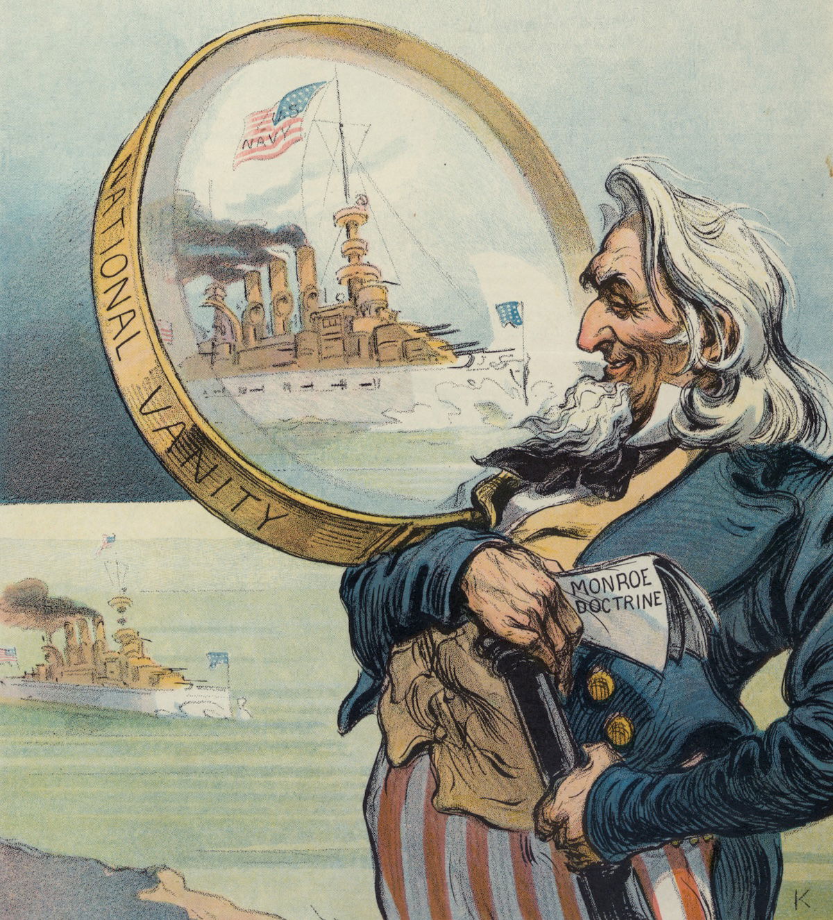 ‘Magnified security’, cover illustration for Puck, by Udo J. Keppler, 6 May 1908. Library of Congress. Public Domain.