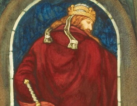 Æthelstan gives away his sister, St Editha to Sigtrid, king of Northbria, watercolour byThomas Mattews Rooke after a stained glass window by Ford Madox Brown, 1909. Birmingham Museums Trust/Birmingham Museum & Art Gallery. Public Domain.