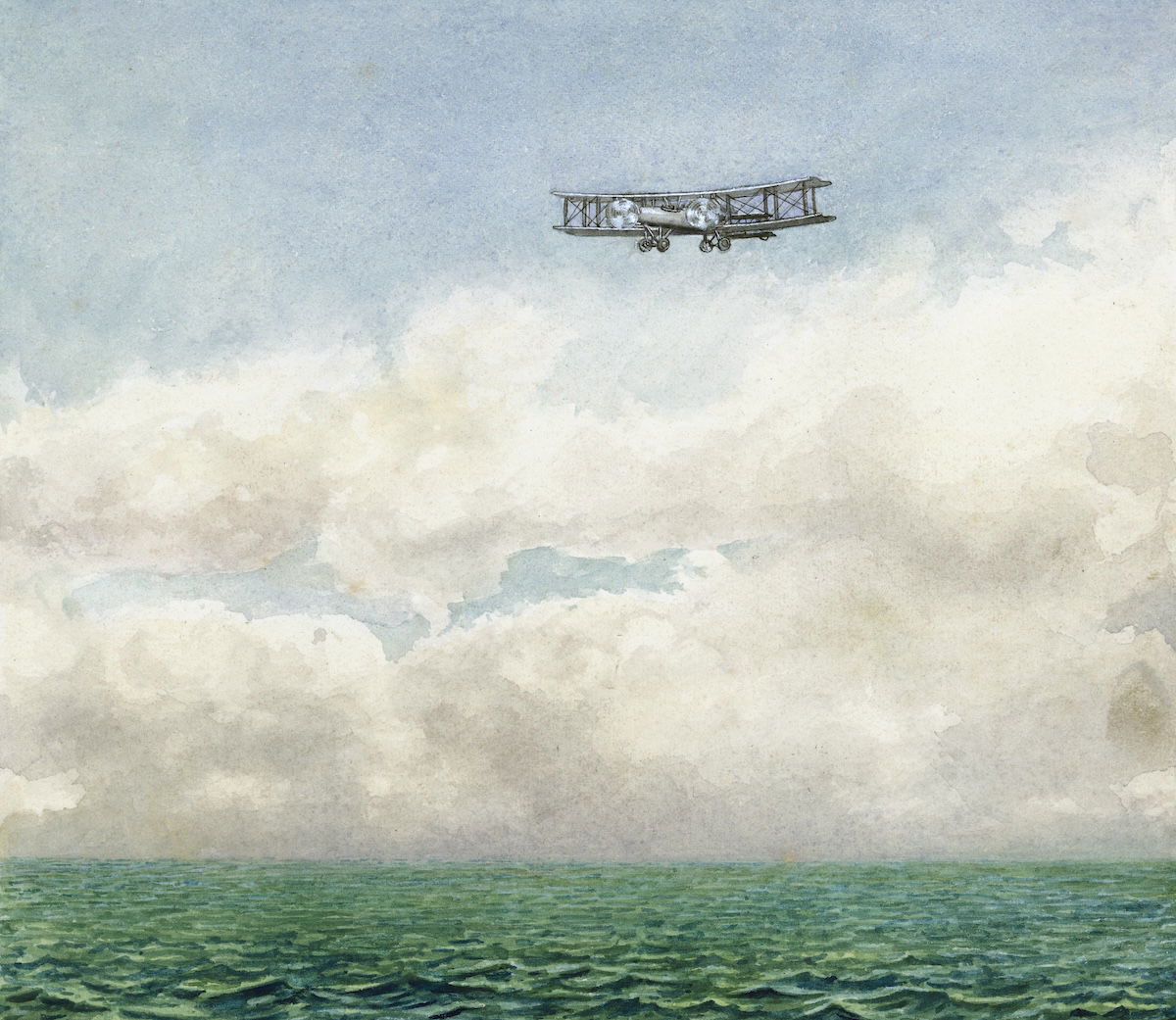 ‘“ALCOCK” Flight’, watercolour illustration from a collection of stamps and flight memorabilia, early 20th century. SSPL/Getty Images.