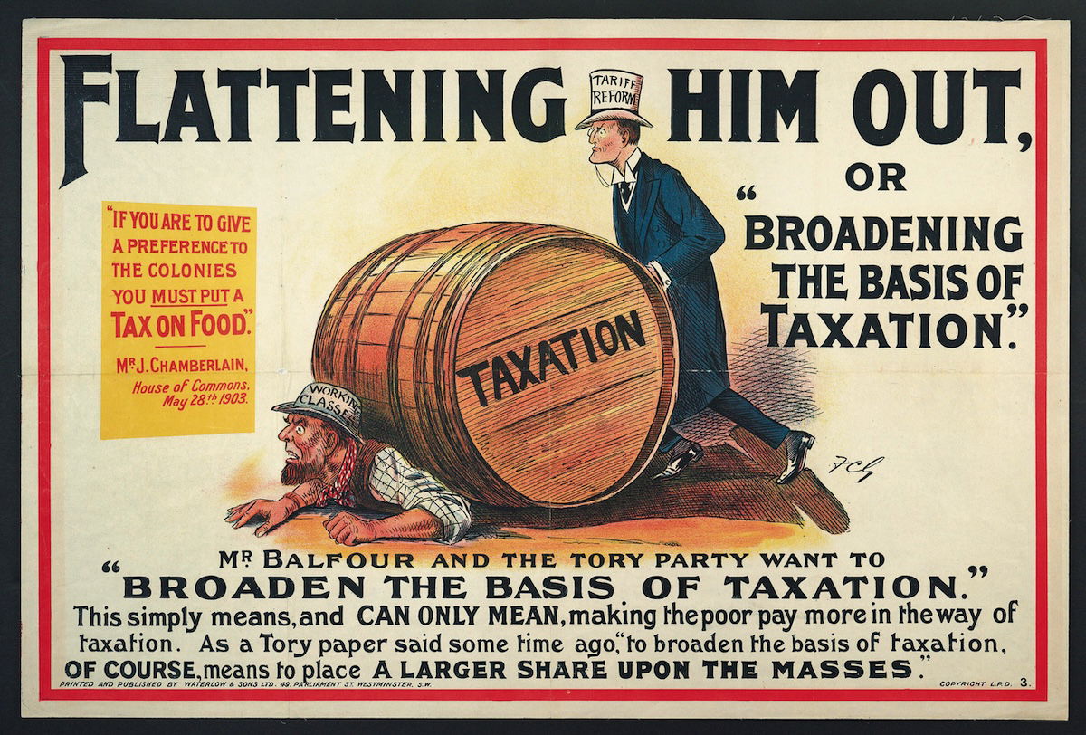 ‘Flattening Him Out or Broadening the Basis of Taxation’, anti-tariff poster. LSE Library. Public Domain