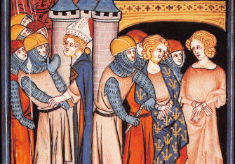 The capture of Charles of Lorraine by supporters of Hugh Capet, from the Chroniques de France  ou de Saint Denis, 14th century. APR/Gamma-Rapho/Getty Images.