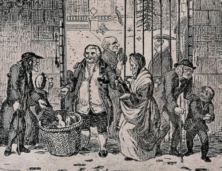 A wealthy man stands at the gate of his mansion handing out food to the poor at Christmas, etching by R. Seymour, 1831. Wellcome Collection. Public Domain.