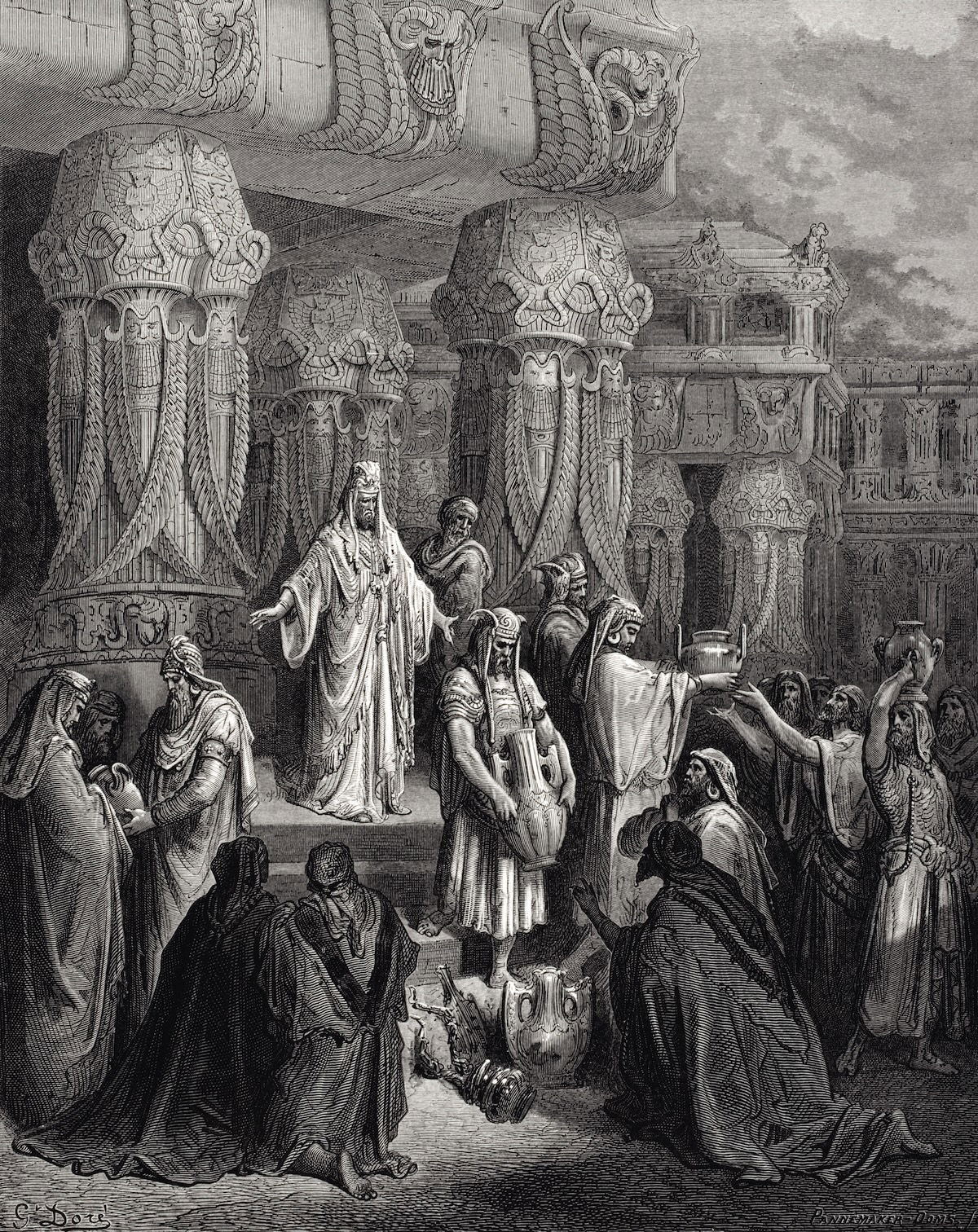 Cyrus restores the vessels to the Temple of Jerusalem, by Gustave Doré for the Bible de Tours, 1843. Bridgeman Images.