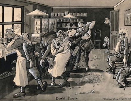 A military dental surgery, pen drawing by H. Bury, early 20th century. Wellcome Collection. Public Domain.
