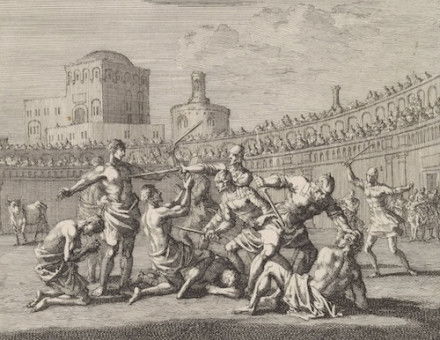Early Christian martyrs in a Roman arena, Jan Luyken, c.1700. Rijksmuseum. Public Domain.