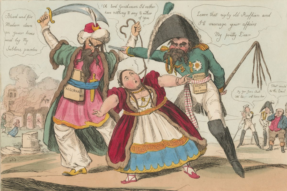 ‘Mrs Greece and her rough lovers’, Robert Seymour, 1828. Brown Digital Repository. Brown University. Public Domain.