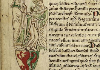 Saint Edmund of Abingdon bringing about the reconciliation of Gilbert Marshal and Henry III, from Matthew Paris’ Historia Anglorum, 1250s. © British Library Board/Bridgeman Images.