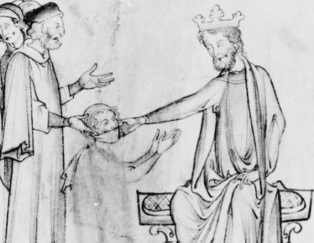 Edward the Confessor touching a man afflicted with the ‘king’s evil’, from a manuscript at Cambridge University Library. Wellcome Collection. Public Domain.