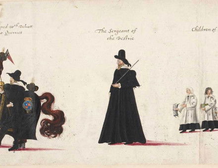 Drawings of the funeral procession of Elizabeth I of England to to Westminster Abbey, 28th April 1603 : the horse trapped with velvet, led by two attendants; the Sergeant of the Vestry and Children of the Chapel Royal;
