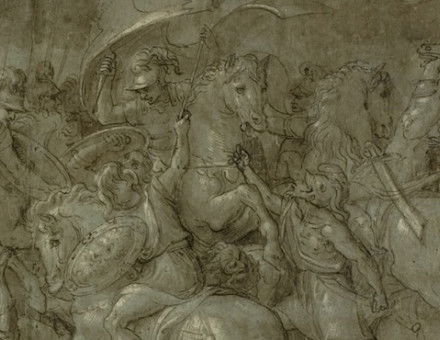 Battle between Romans and barbarians, unknown artist, 16th century. Art Institute of Chicago. Public Domain.