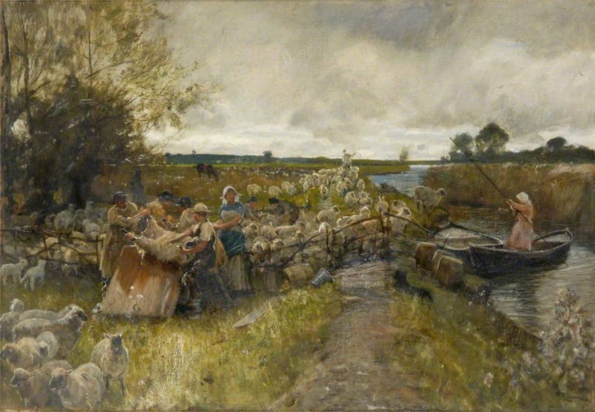 Sheepshearing in the Fens, Robert Walker Macbeth, 1889. Aberdeen Archives, Gallery & Museums. Public Domain.