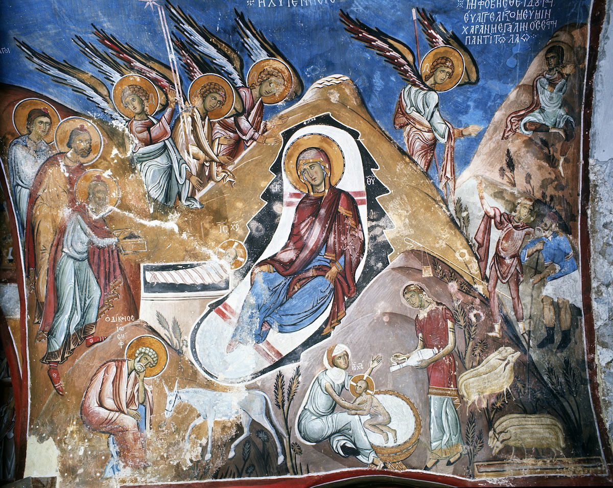 Byzantine nativity wall painting, 1192. Church of Panagia Tou Arakos, Cyprus. Sonia Halliday Photographs/Bridgeman Images.