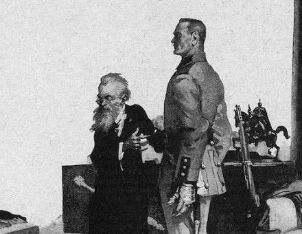 ‘You ask me, your majesty, if he is efficient. I reply, more efficient than before he fell in battle’. Illustration from Blood and Iron, Strand Magazine (October 1917). University of Michigan. Public Domain.