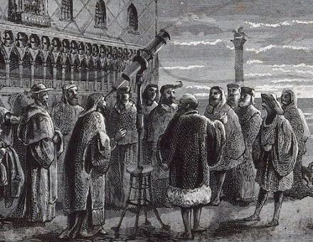 Galileo with his telescope in the Piazza San Marco, Venice. Wellcome Collection. Public Domain.