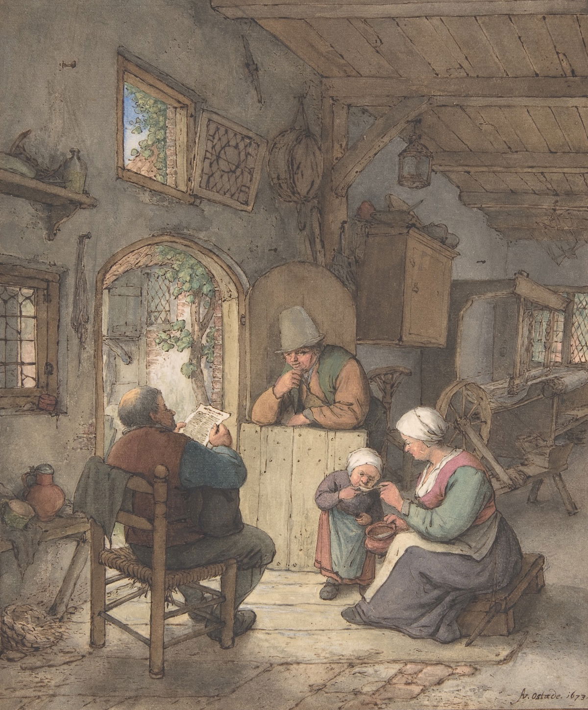 ‘Reading the News at the Weavers' Cottage’, Adriaen van Ostade, 1673. Metropolitan Museum of Art. Public Domain.