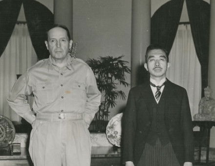 General Douglas MacArthur and Emperor Hirohito at the US embassy in Tokyo, 27 September 1945. NARA. Public Domain.
