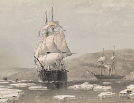 HMS Assistance and Pioneer searching for the lost Franklin expedition, Walter W. May, 1855. New York Public Library. Public Domain.