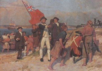 Landing of Captain Cook at Botany Bay, 1770, by E. Phillips Fox, 1902. Print c. 1960. State Library of Victoria. Public Domain.