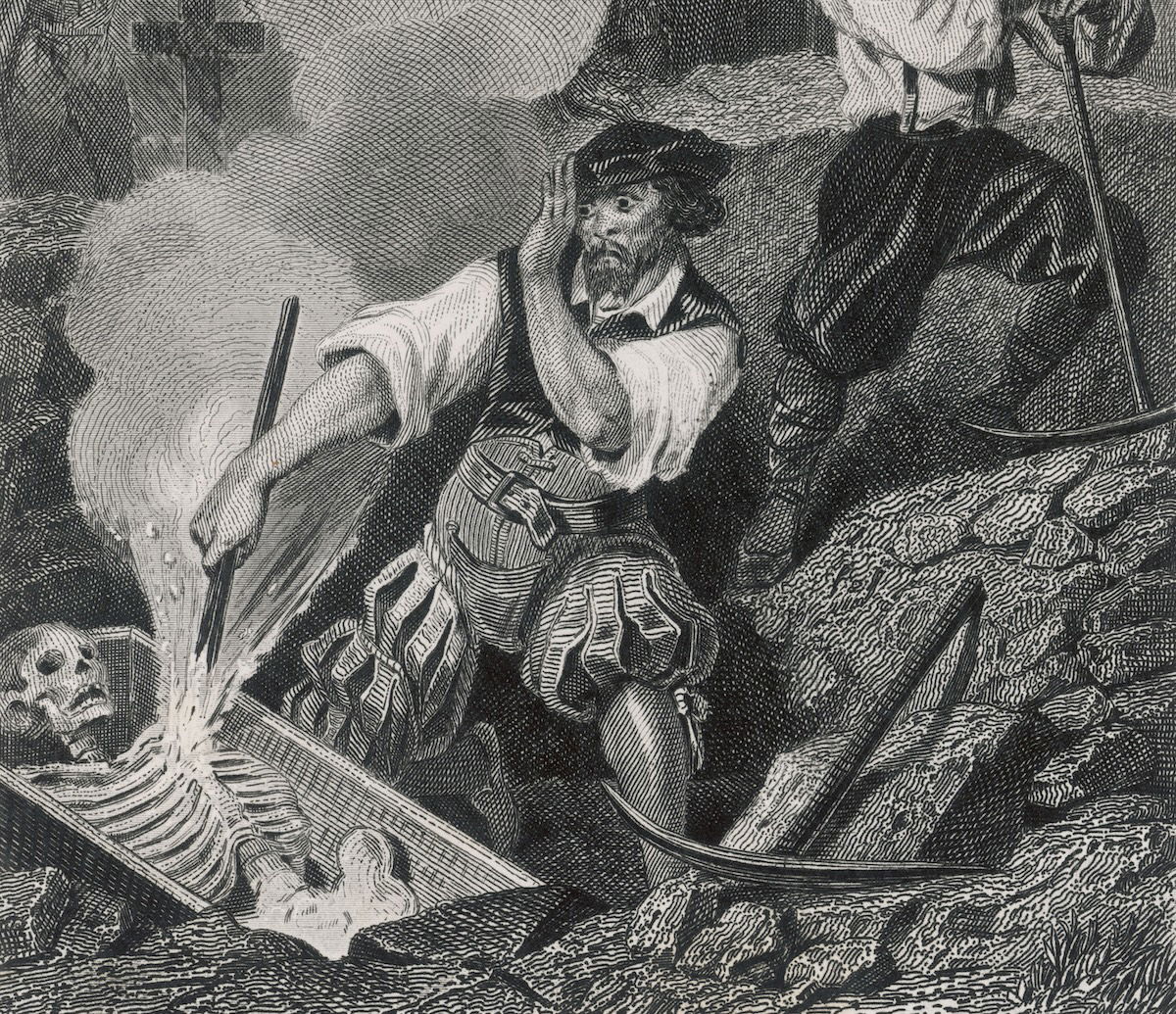 ‘The end of a Bohemian vampire as his coffin is opened and a red hot iron is plunged into his evil heart’. Illustration by René de Moraine from Paul Féval’s Les Tribunaux Secrets, 1872. Chronicle/Alamy Stock Photo.