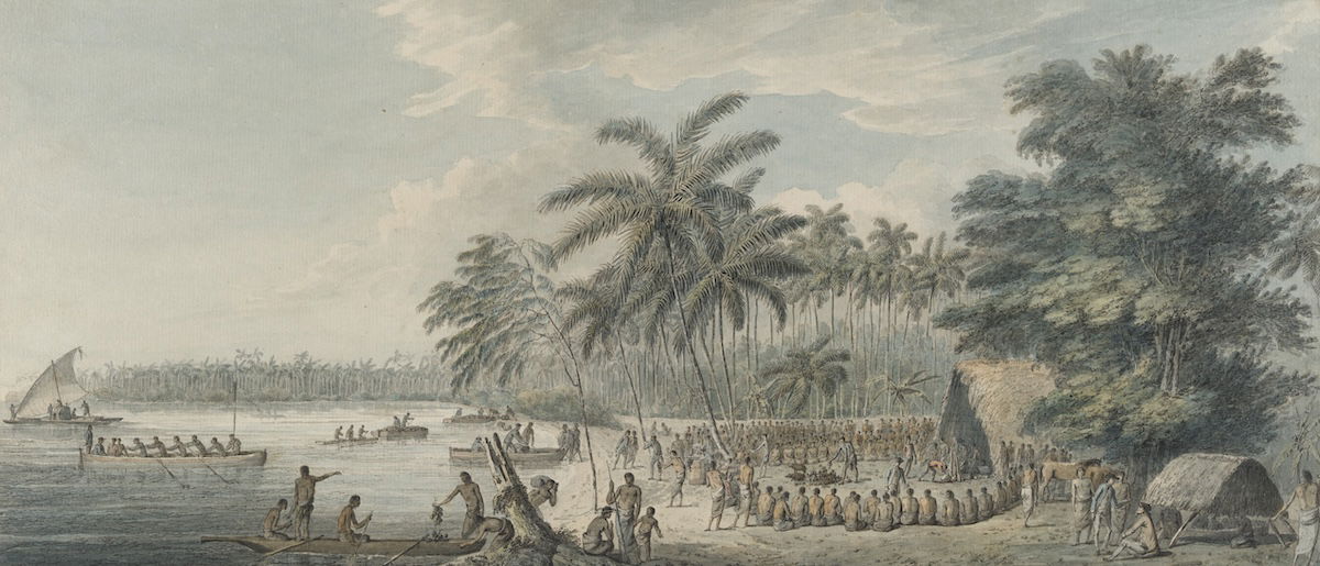 A view at Nomuka, Tonga, from the account of James Cook’s third voyage, c. 1784. Dixson Library, State Library of New South Wales. Public Domain.