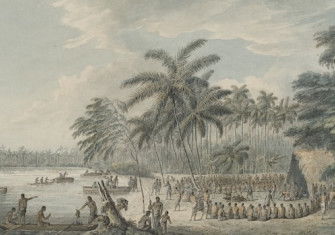 A view at Nomuka, Tonga, from the account of James Cook’s third voyage, c. 1784. Dixson Library, State Library of New South Wales. Public Domain.