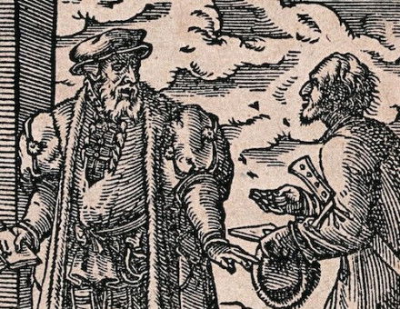 A lawyer receiving a plea from a poor man, woodcut by Jost Amman, 1568. Wellcome Collection. Public Domain.