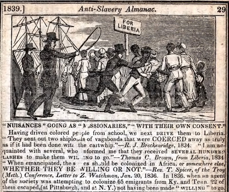 Free African Americans being forcibly deported to Liberia, from the American Anti-Slavery Society, 1839. The Library Company of Philadelphia. Public Domain.