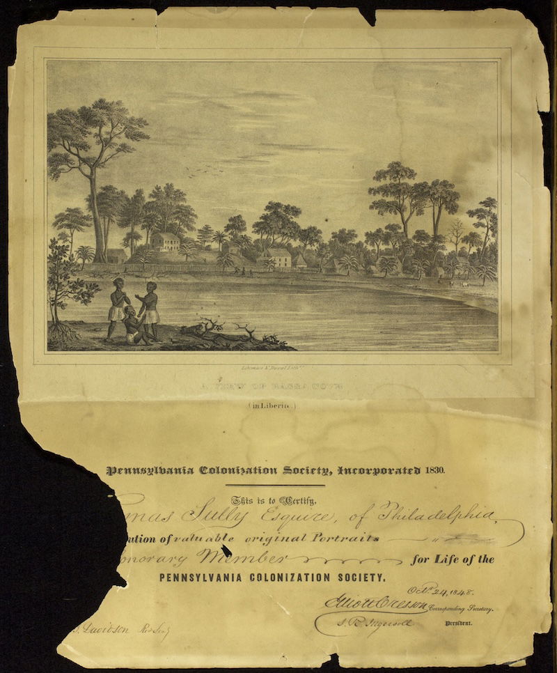 Pennsylvania Colonization Society certificate showing Bassa Cove, Liberia, 1837.  Library Company of Philadelphia. Public Domain.