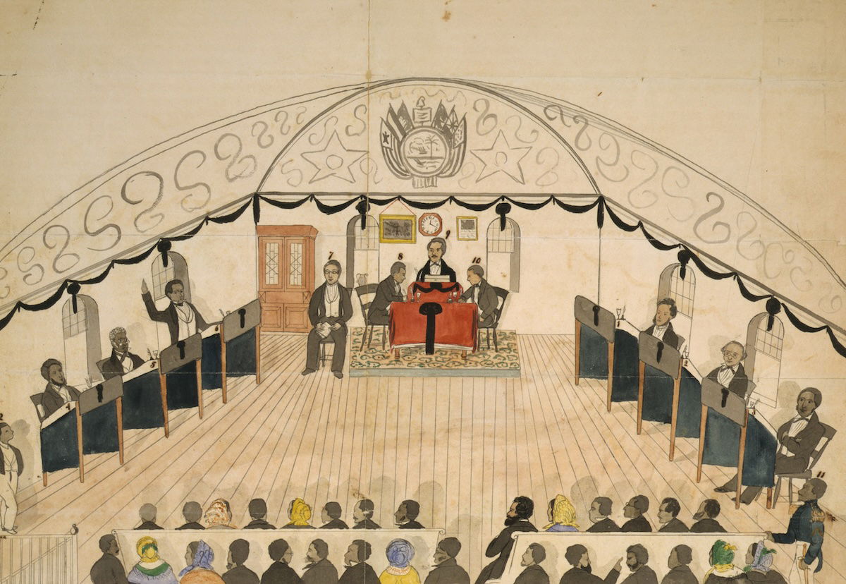 Members of the Liberian Senate, mostly comprising freed African American slaves, 1893. Library of Congress. Public Domain.