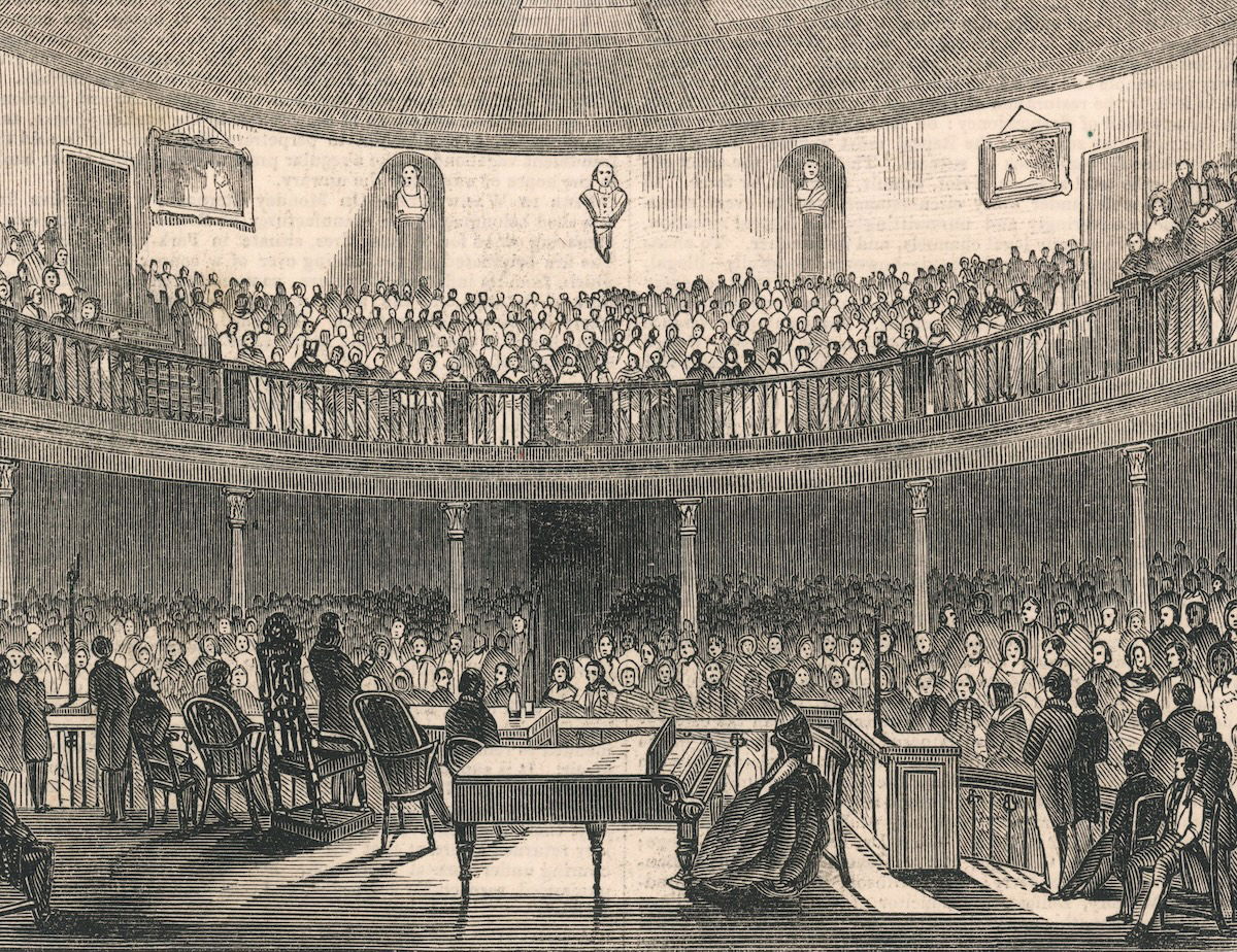 Charles Dickens addressing the Liverpool Mechanics’ Institution, Illustrated London News, 2 March 1844. Illustrated London News/Mary Evans.