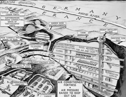Cross-section drawing of Maginot Line, April 1938. Everett Collection/Alamy Stock Photo.