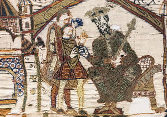 Edward the Confessor, enthroned, in the opening scene of the Bayeux Tapestry. Wikimedia Commons
