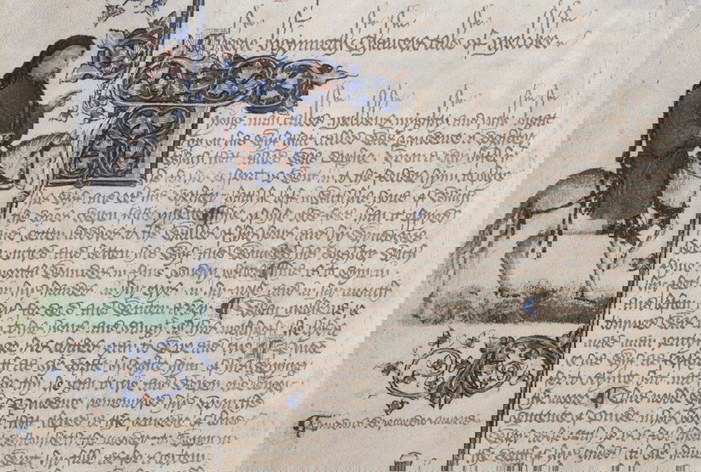 Folio 153v of the Ellesmere Manuscript, illuminated manuscript of Geoffrey Chaucer's Canterbury Tales, 1410