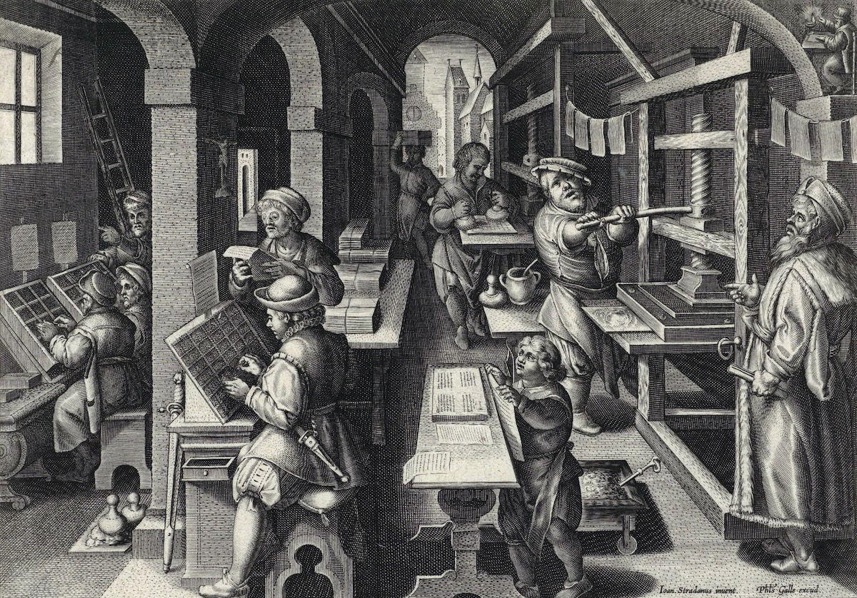 Printing office, woodcut after Jan van der Straet, c.1589-93. Rijksmuseum. Public Domain.