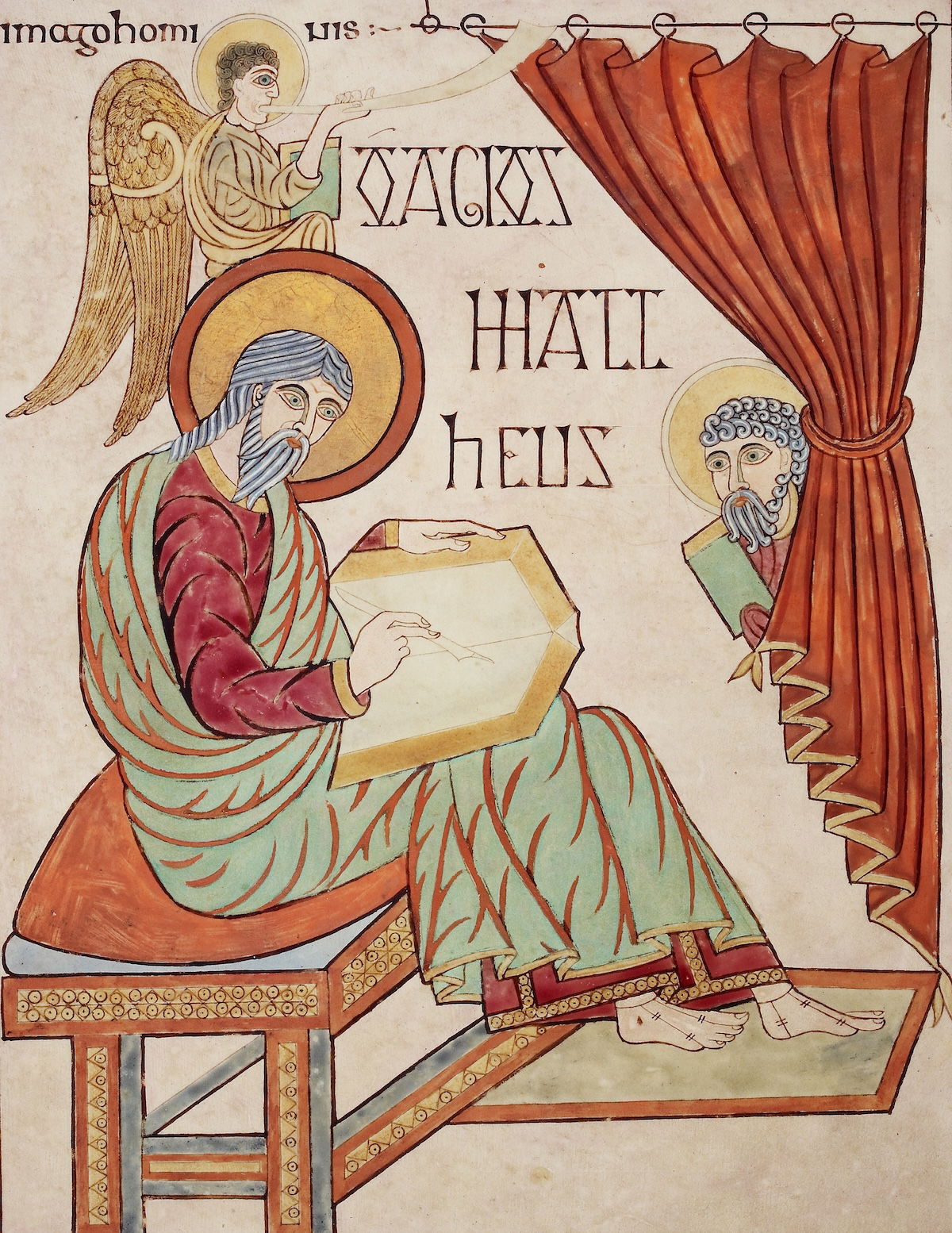 St Matthew writing, the Lindisfarne Gospels, 710-20. British Library/Bridgeman Images.
