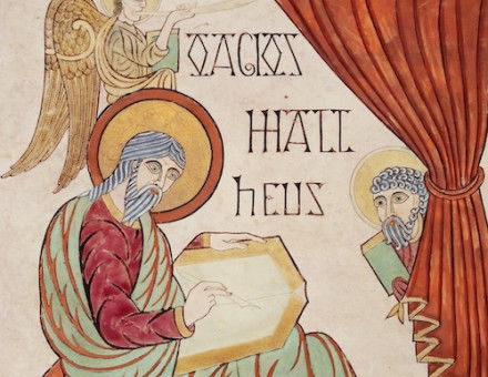 St Matthew writing, the Lindisfarne Gospels, 710-20. British Library/Bridgeman Images.
