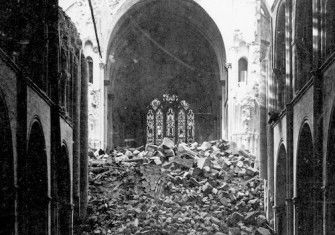 The collapsed spire of Chichester Cathedral, 1861. Historic England.