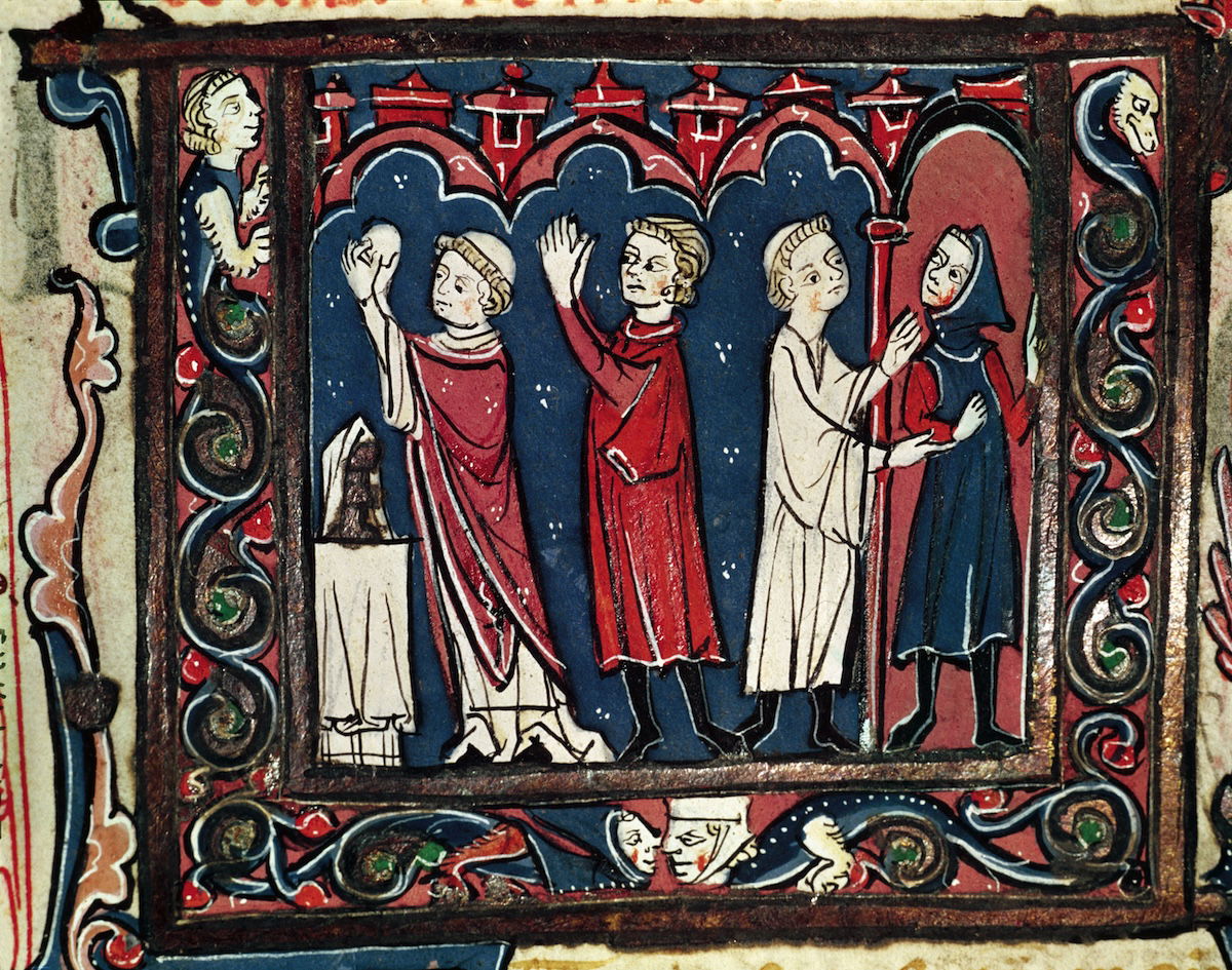 Scene showing communion (left) and excommunication (right) from the Decretales of Giovanni d’Andrea, 13th century. Luisa Ricciarini/Bridgeman Images.