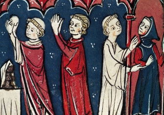 Scene showing communion (left) and excommunication (right) from the Decretales of Giovanni d’Andrea, 13th century. Luisa Ricciarini/Bridgeman Images.