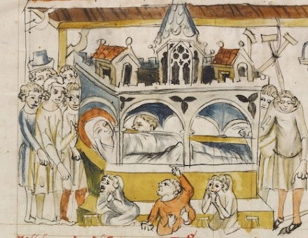 The Sick, the leprous, and the lame praying at Saint Hedwig's tomb, from the Vita beatae Hedwigis, 1353. The J. Paul Getty Museum, Los Angeles, Ms. Ludwig XI 7, fol. 87v, 83.MN.126.87v. Public Domain. 
