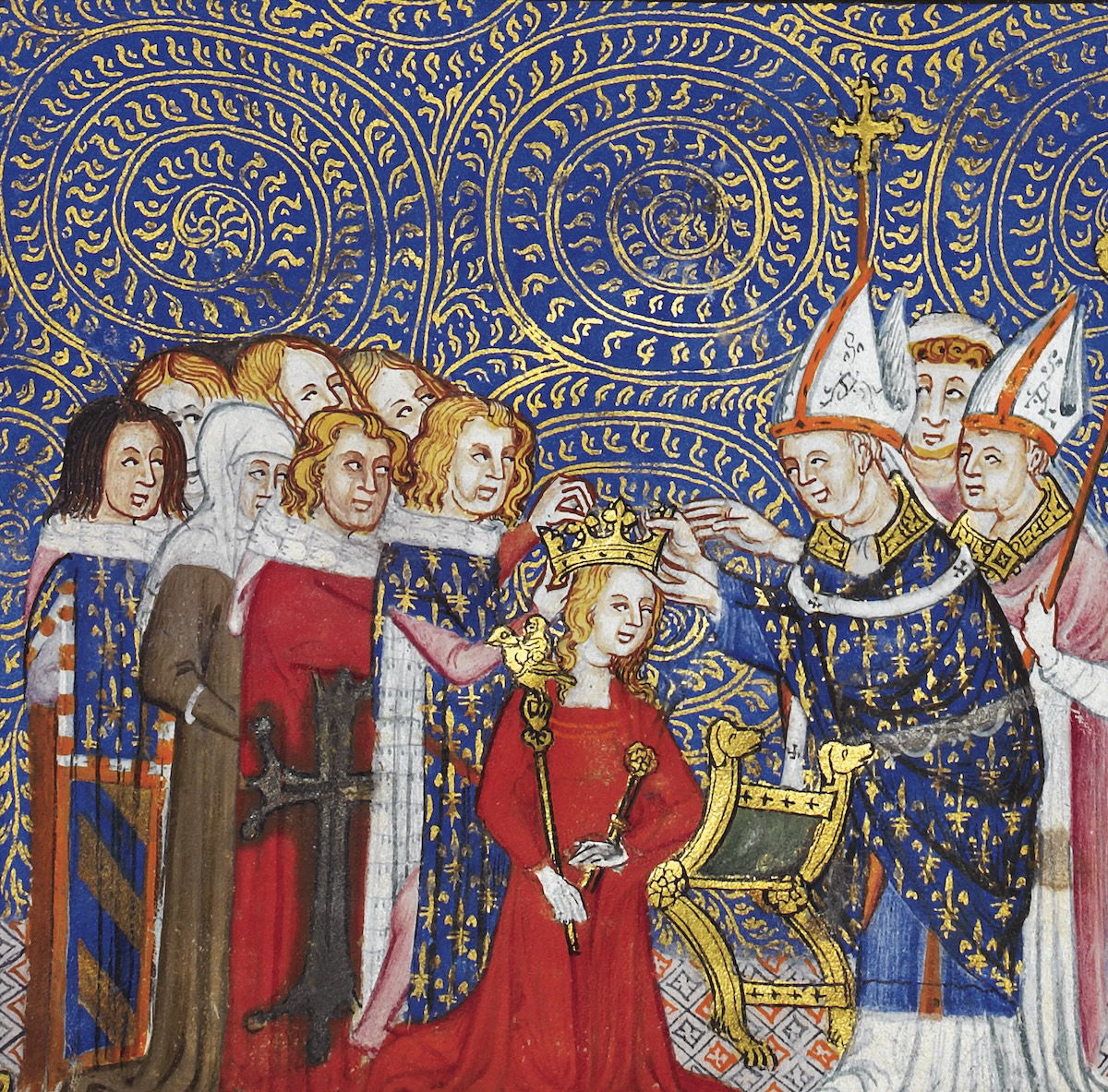 The archbishop of Rheims crowning  a queen, from The Coronation Book of Charles V, King of France, c.1365-80. British Library/Bridgeman Images.