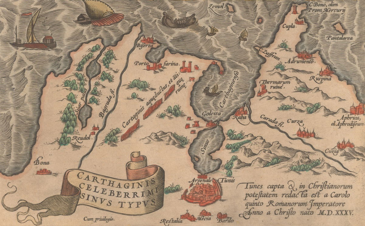 Map of Tunis by Abraham Ortelius, late 16th century. National Library of Israel. Public Domain.