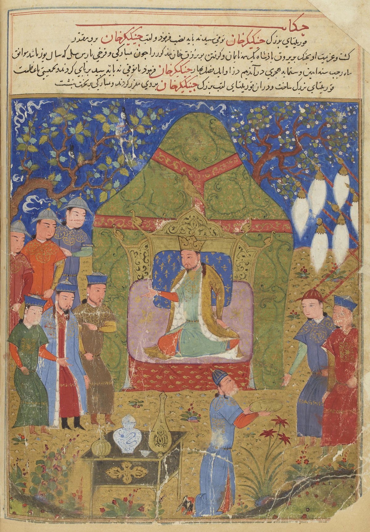 Chinggis Khan, from The Compendium of Chronicles, by Rashid al-Din Hamadani, manuscript c.1430-34. Bibliothèque nationale de France.