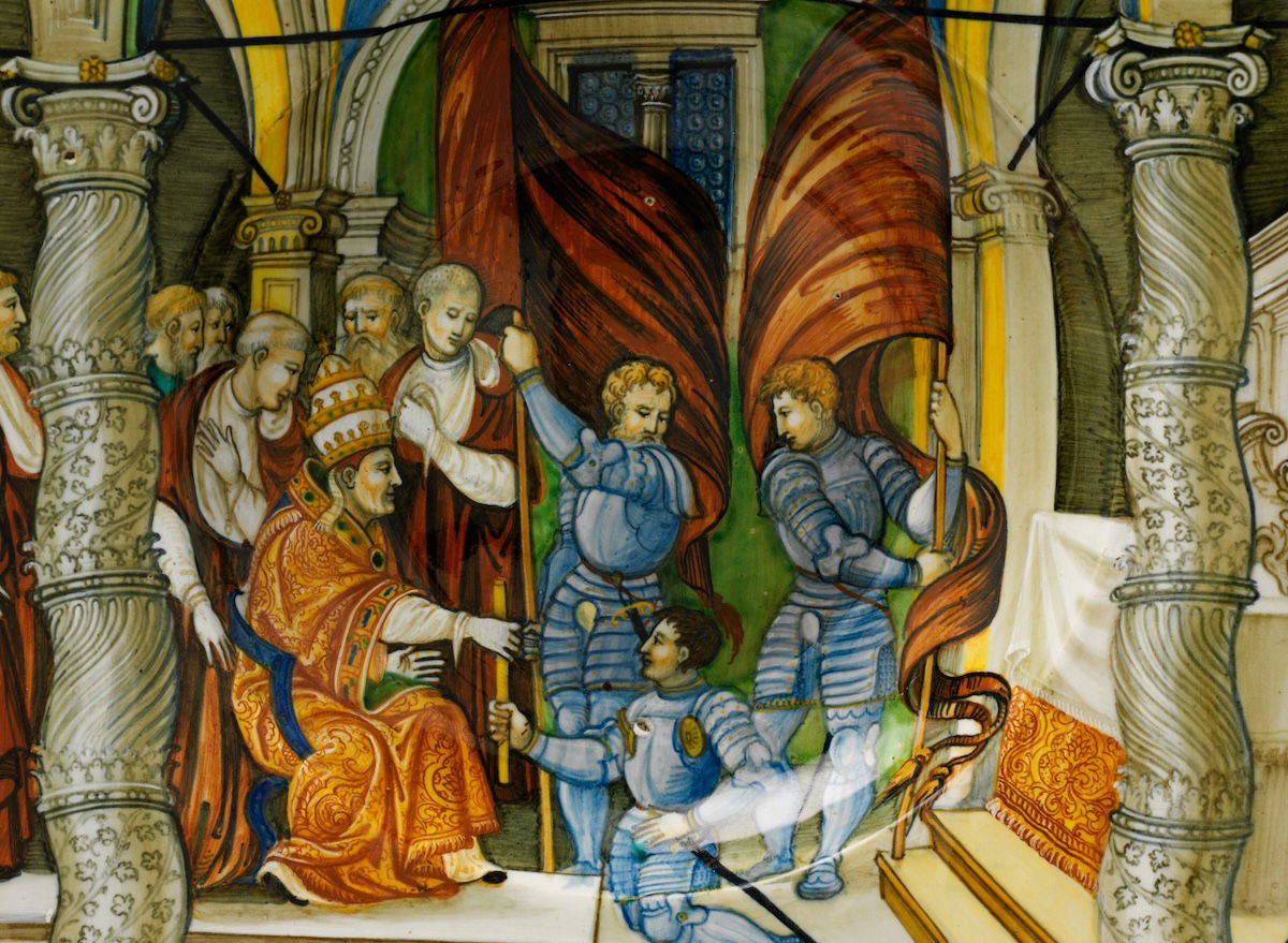 Pope Leo X presenting a baton to Federigo II Gonzaga, marquis of Mantua, on his appointment as captain general of the Church in 1521, Nicola da Urbino, c.1525-30. Metropolitan Museum of Art. Public Domain.