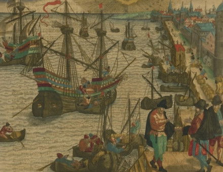 A ship departs Lisbon for Brazil, 1593. John Carter Brown Library. Brown University. Public Domain.