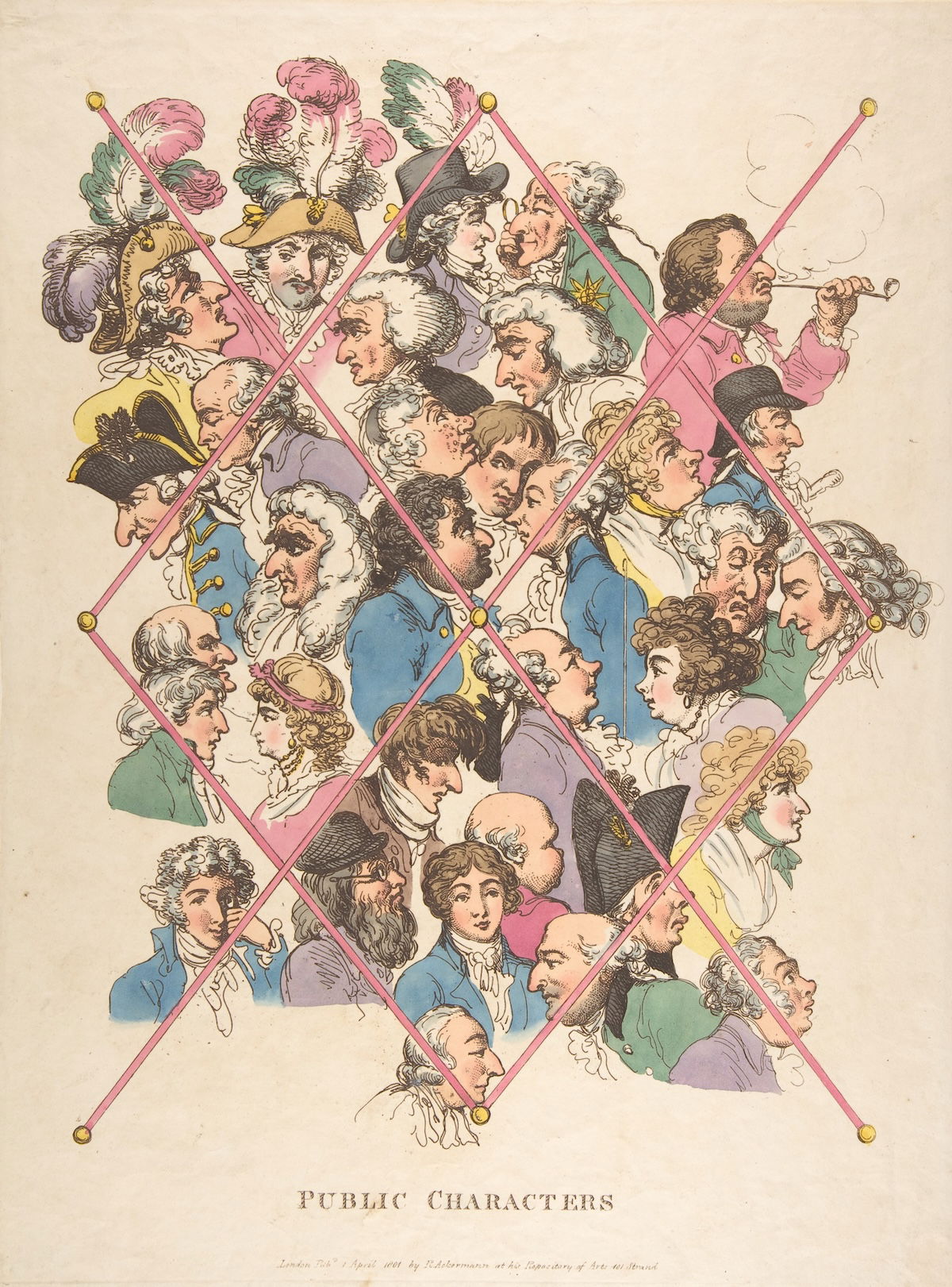 Public Characters, at the centre are rivals Charles James Fox (Whig) and William Pitt the Younger (Tory), along with prominent Whigs George Tierney and Richard Brinsley Sheridan, Thomas Rowlandson, 1801. Metropolitan Museum of Art. Public Domain.