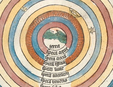 Christian conception of the universe, with the Earth at the centre, embraced by the realm of God and his angelic court. Woodcut from the Nuremberg Chronicle, 1493. Bavarian State Library. Public Domain.
