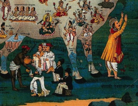 A farmer gives milk from the holy cow to Hindus, Parsees and the British, by Ravi Varma, c. 1848-1908. Wellcome Collection. Public Domain.
