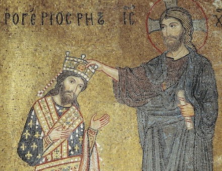 Roger II, crowned King of Siciliy by Christ. La Martorana, Palermo, 12th century. DEA/G. Dagli Orti/Getty Images.